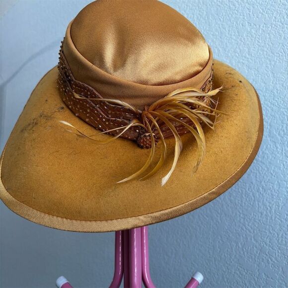 Mikano Vintage Wool Felt Hat Brown Feather Detail Unisex Size 6 7/8 - Picture 1 of 8